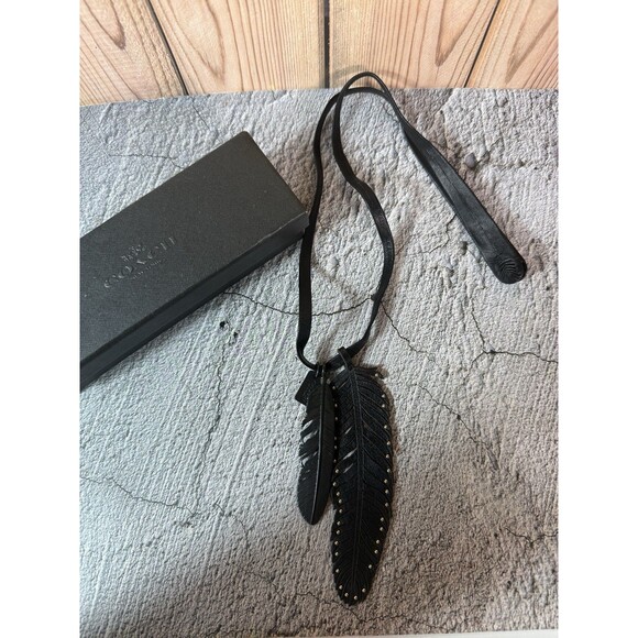 NWT Coach Black Metal and Leather Strap Feather Necklace 28" - Picture 11 of 15